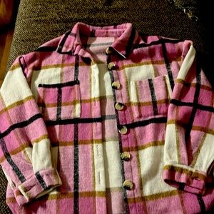 Plaid pink and white fuzzy sweater